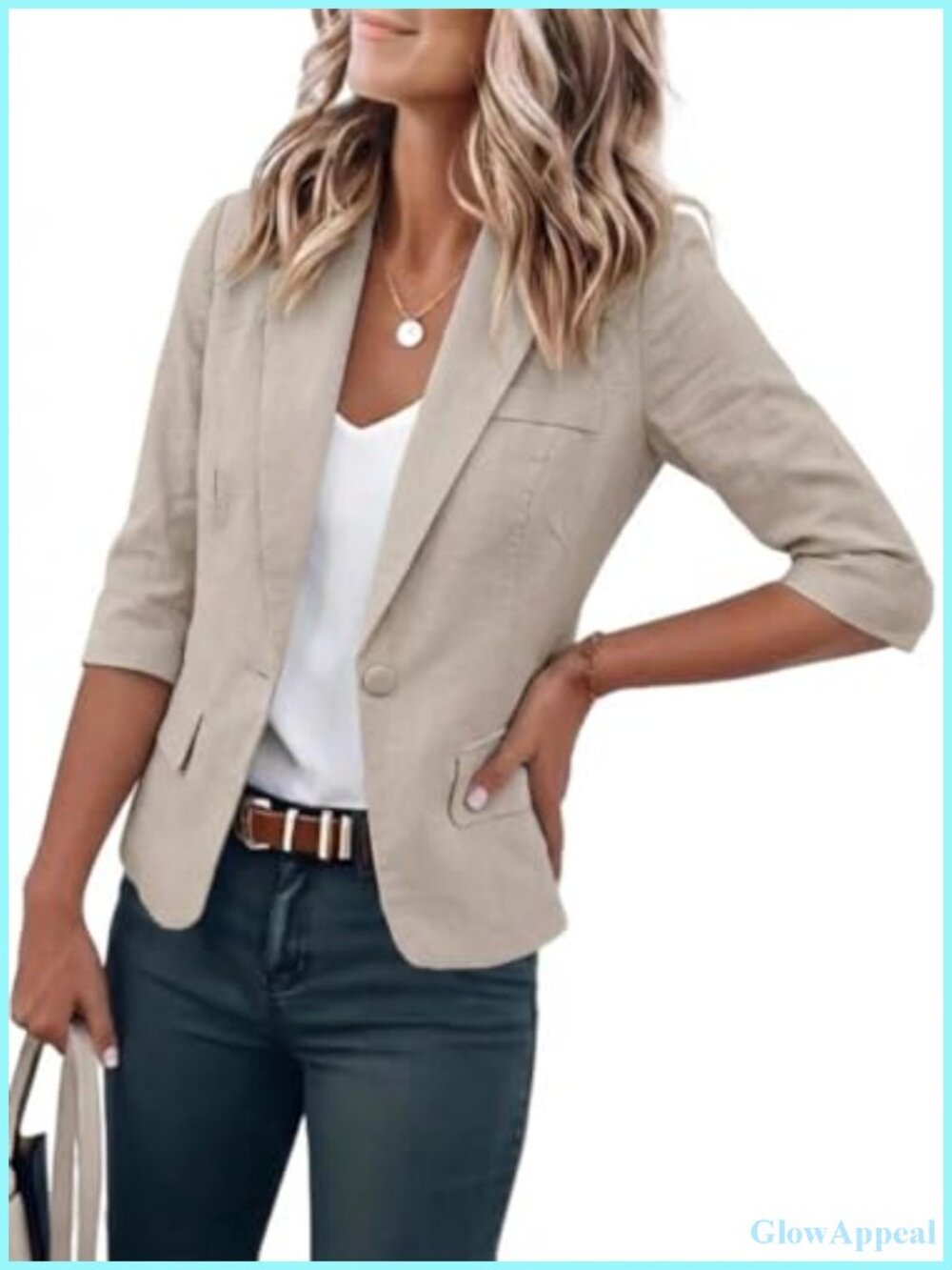 Womens Cropped Cotton Blend Blazer 3/4 Sleeve Lightweight Business Casual Jacket